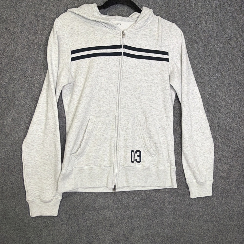 Womens Hollister Gray & Navy Striped Zip Up Hoodie Size M Y2K